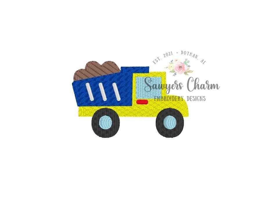 Dump truck mini fill stitch machine embroidery design file sketch, vintage stitch dirt hauler truck for little boys
