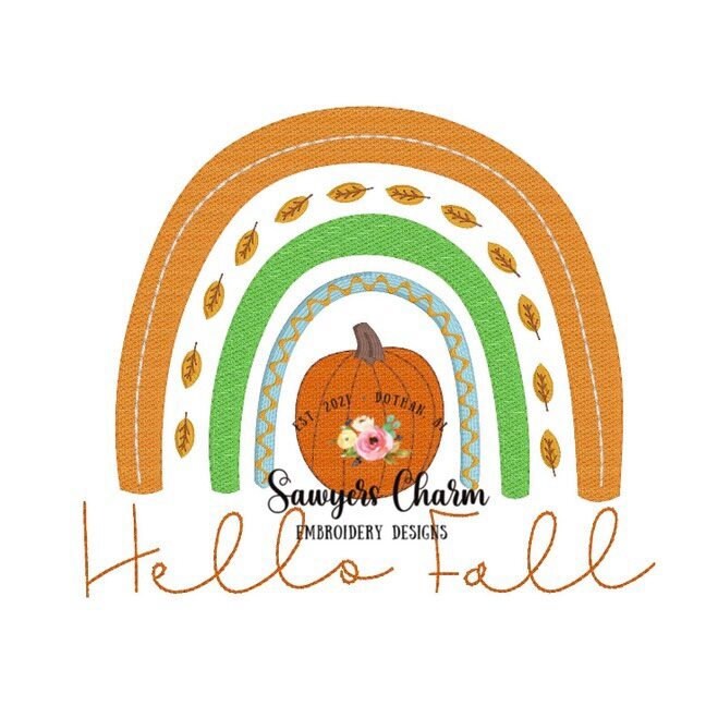 BUNDLE Fall/autumn boho pumpkin rainbow with leaves machine sketch fill design embroidery file AND bean stitch applique design, satin stitch