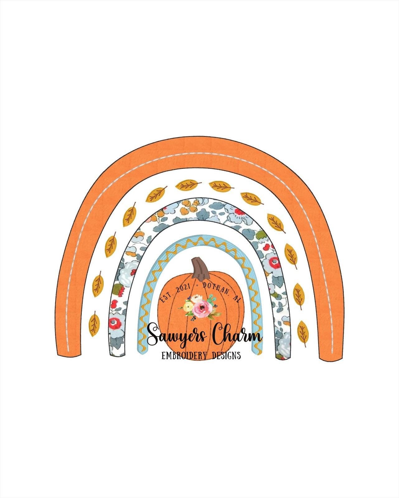 BUNDLE Fall/autumn boho pumpkin rainbow with leaves machine sketch fill design embroidery file AND bean stitch applique design, satin stitch