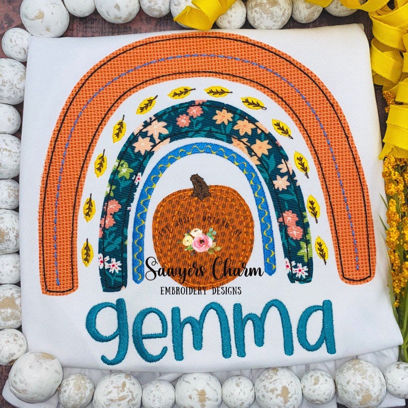 Fall/autumn boho pumpkin rainbow with leaves machine applique design embroidery file, bean stitch, satin stitch, zigzag