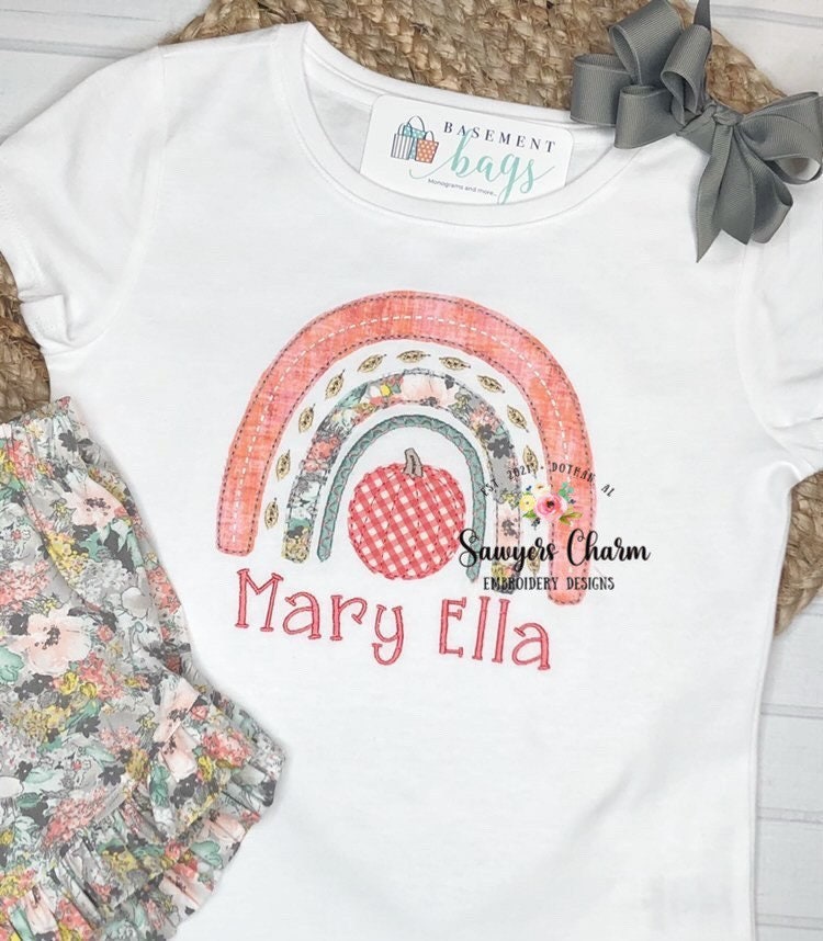 Fall/autumn boho pumpkin rainbow with leaves machine applique design embroidery file, bean stitch, satin stitch, zigzag