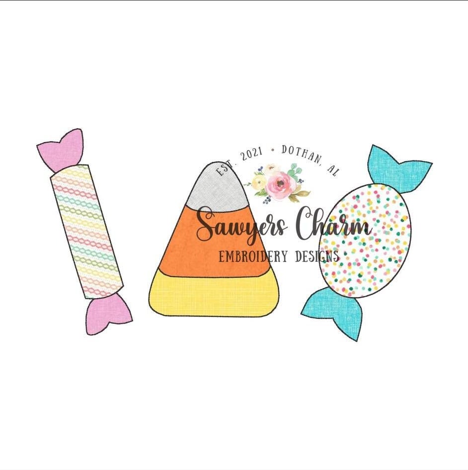 Halloween candy trio,candy corn bean stitch AND zigzag machine applique design embroidery file, quick stitch, trick or treating, fall
