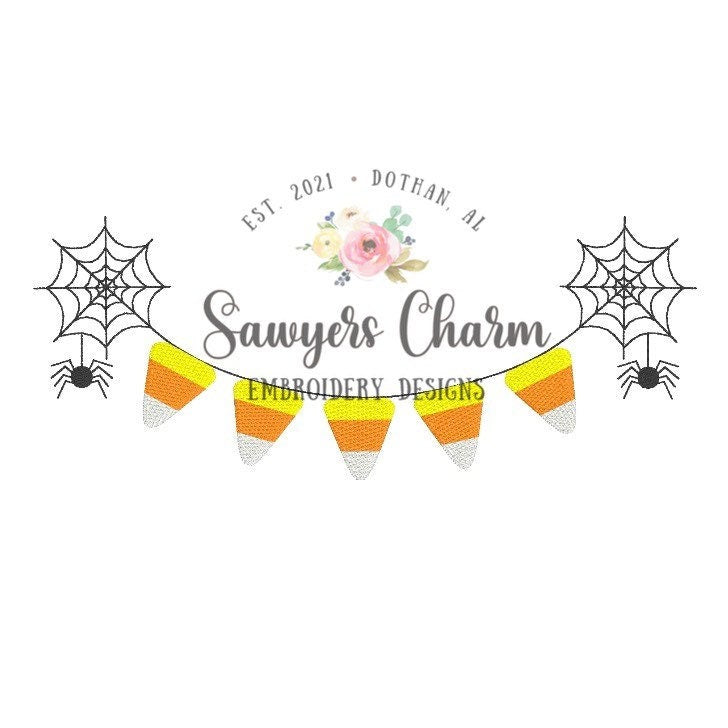 Halloween candy corn spider web bunting banner, sketch stitch machine embroidery design file, quick stitch, bean stitch, spooky season