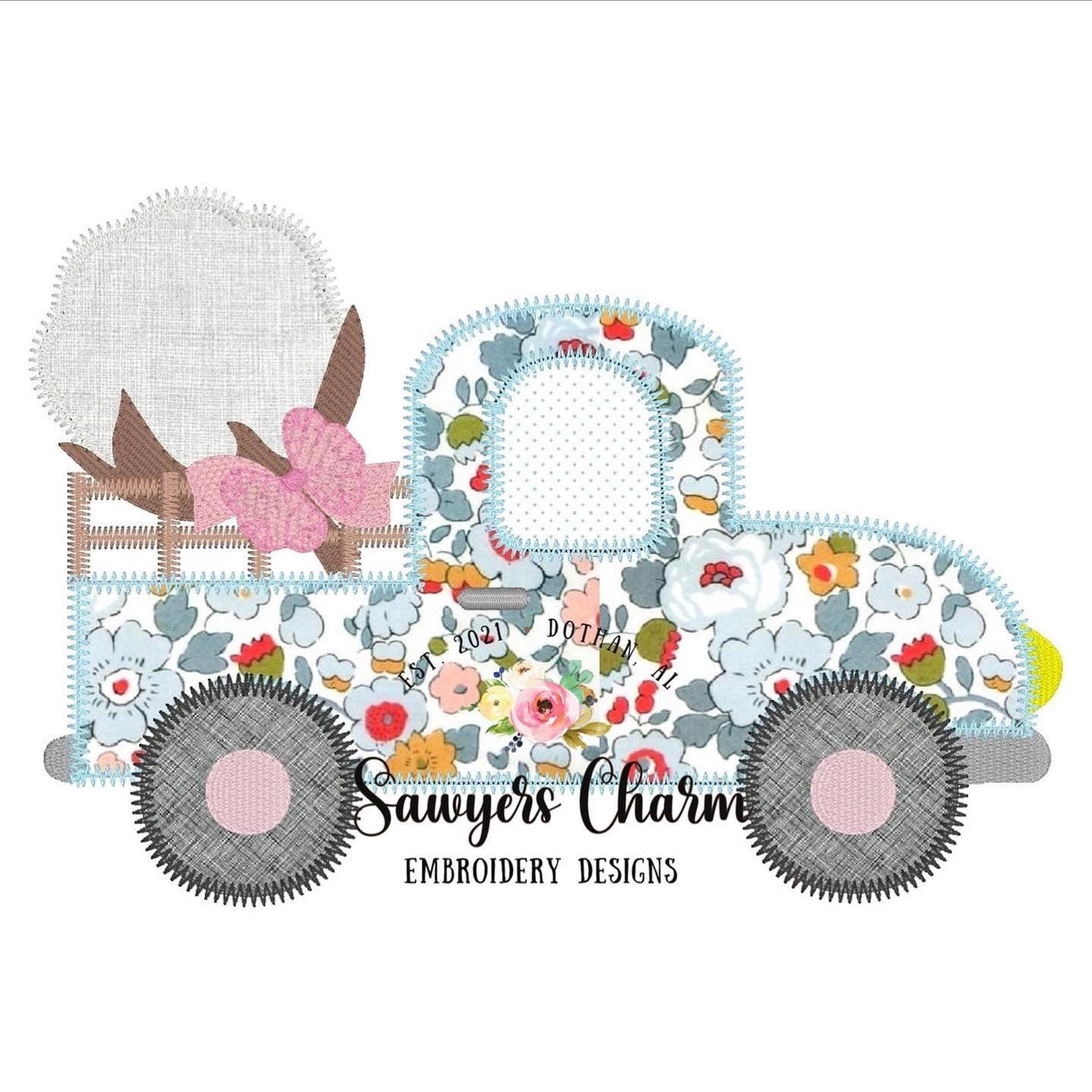 Fall vintage cotton boll pickup truck machine applique design embroidery file, zig zag stitch, with and without bow