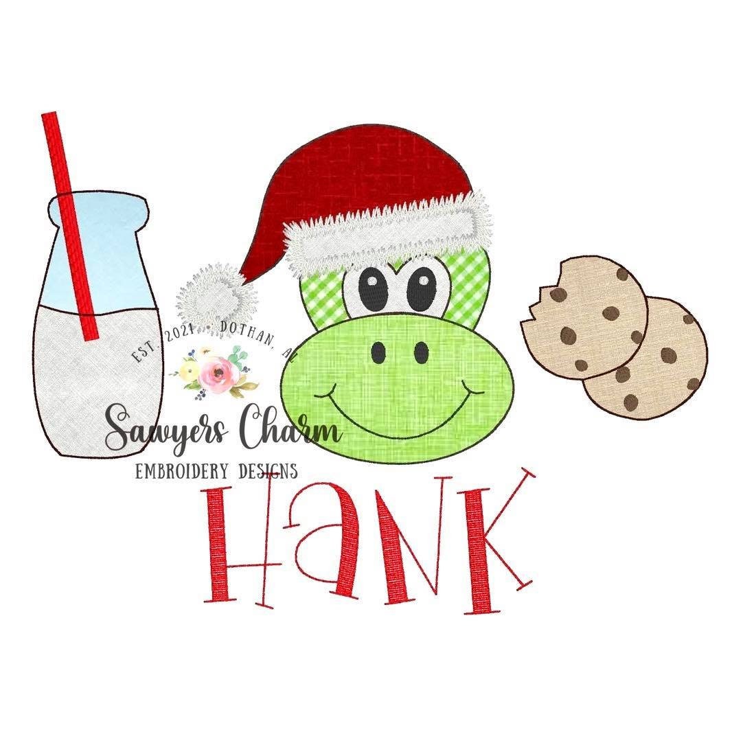 Christmas/holiday Santa dinosaur milk and cookies holly jolly bean stitch machine applique design embroidery file, quick stitch