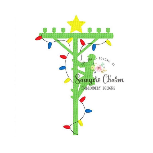 Christmas lineman with lights and star sketch stitch machine embroidery design file, quick stitch, happy holidays, Merry Christmas, line man