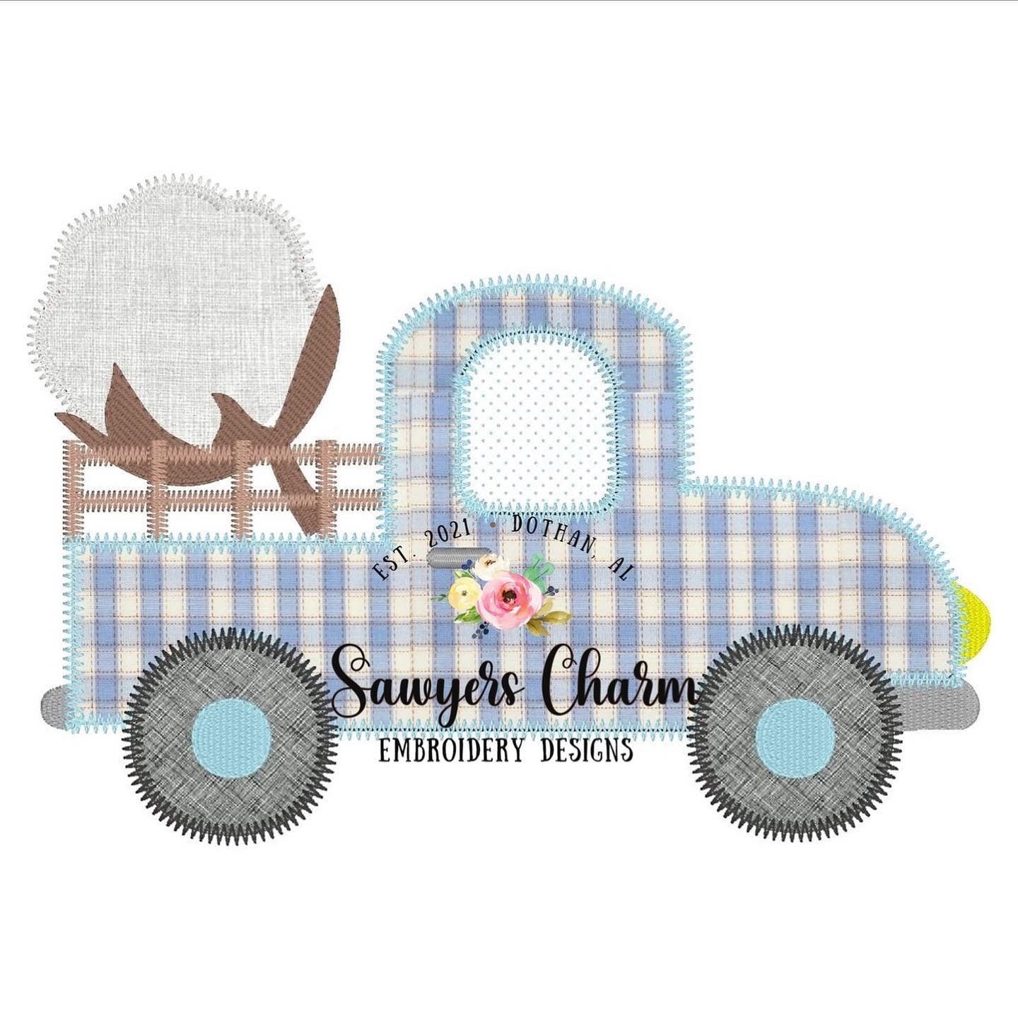 Fall vintage cotton boll pickup truck machine applique design embroidery file, zig zag stitch, with and without bow