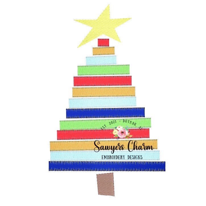 Boho Christmas tree with star satin stitch machine design embroidery file, quick stitch, zig zag, holiday tree