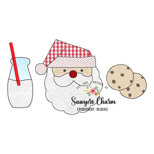 Christmas/holiday Santa milk and cookies bean stitch machine applique design embroidery file, quick stitch, happy holidays, st. nick
