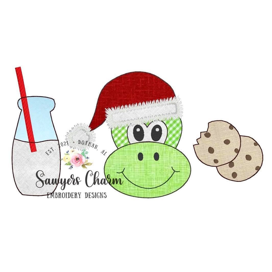 Christmas/holiday Santa dinosaur milk and cookies holly jolly bean stitch machine applique design embroidery file, quick stitch