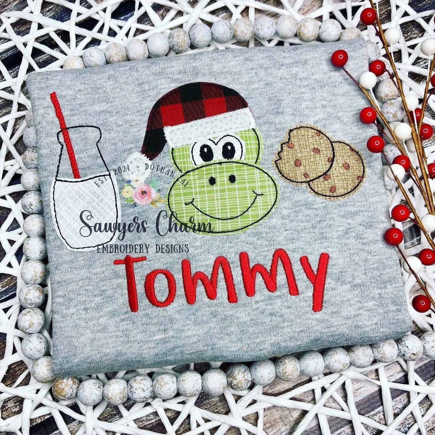 Christmas/holiday Santa dinosaur milk and cookies holly jolly bean stitch machine applique design embroidery file, quick stitch