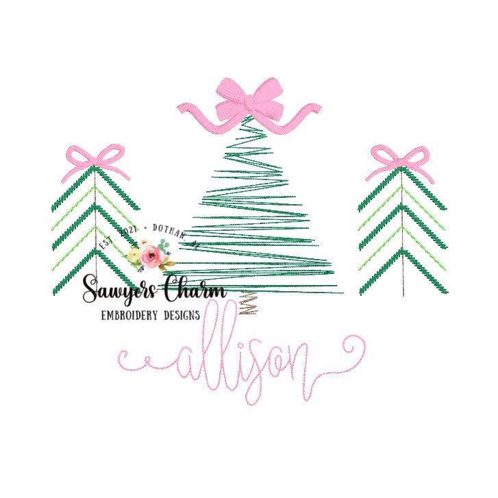 BUNDLE Christmas trees with bows & star vintage bean stitch sketch machine embroidery design file, quick stitch, holidays, font not included