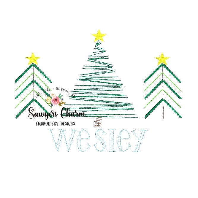 BUNDLE Christmas trees with bows & star vintage bean stitch sketch machine embroidery design file, quick stitch, holidays, font not included