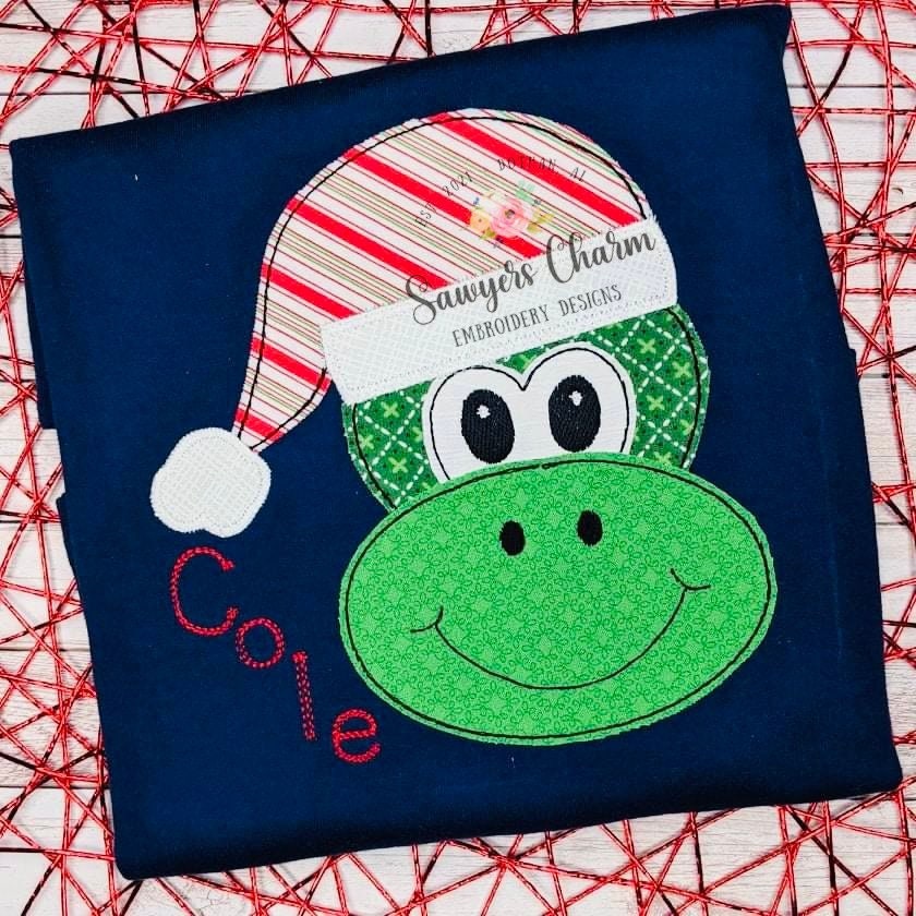 Christmas/holiday Santa dinosaur holly jolly face bean stitch machine applique design embroidery file, quick stitch