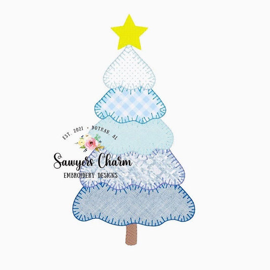 BUNDLE Christmas tree with bow & star, vintage blanket stitch machine applique design embroidery file, quick stitch happy holidays, woodland