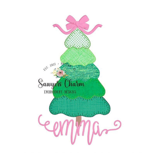 BUNDLE Christmas tree with bow & star, vintage blanket stitch machine applique design embroidery file, quick stitch happy holidays, woodland