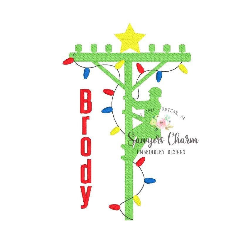 Christmas lineman with lights and star sketch stitch machine embroidery design file, quick stitch, happy holidays, Merry Christmas, line man
