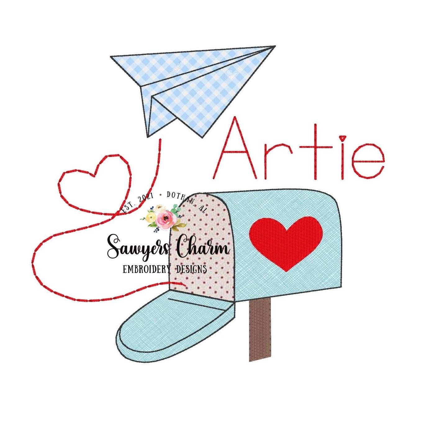 Valentine's Day paper airplane mailbox heart machine applique embroidery design file, quick stitch, bean stitch