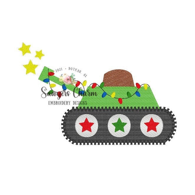 Christmas lights sketch military army tank with stars machine embroidery design file, quick stitch, holidays