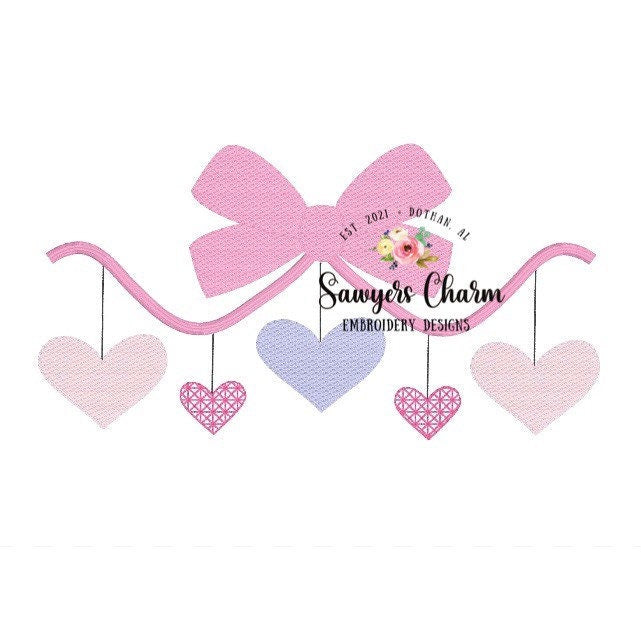 Valentine's Day bow with hearts machine applique embroidery design file, quick stitch, bean stitch, vintage stitch, sketch