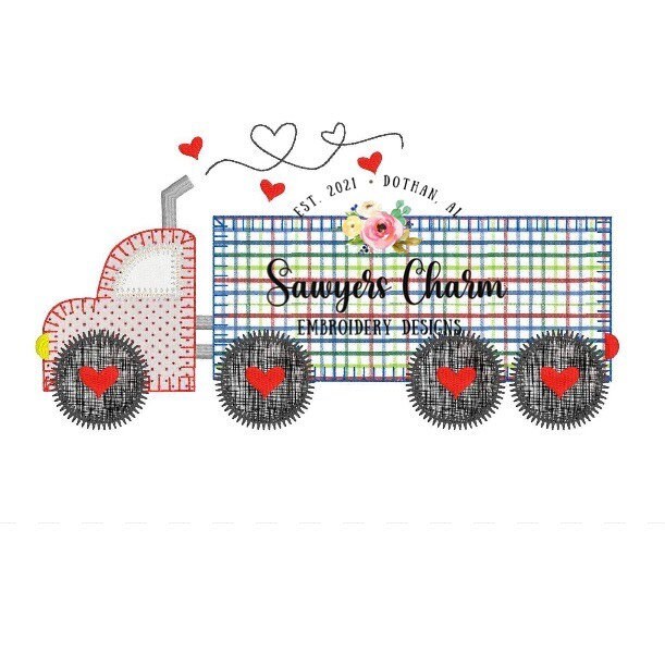 BUNDLE Valentine's Day Big truck, semi truck with hearts machine applique design, embroidery file zig zag, blanket stitch, sketch stitch