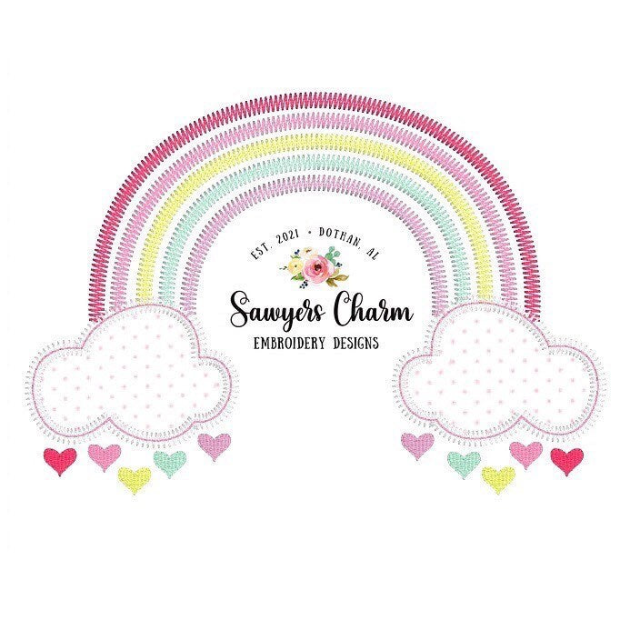 Valentine's Day boho zig zag rainbow hearts zig zag clouds, vintage bean stitch applique machine embroidery design file, quick stitch