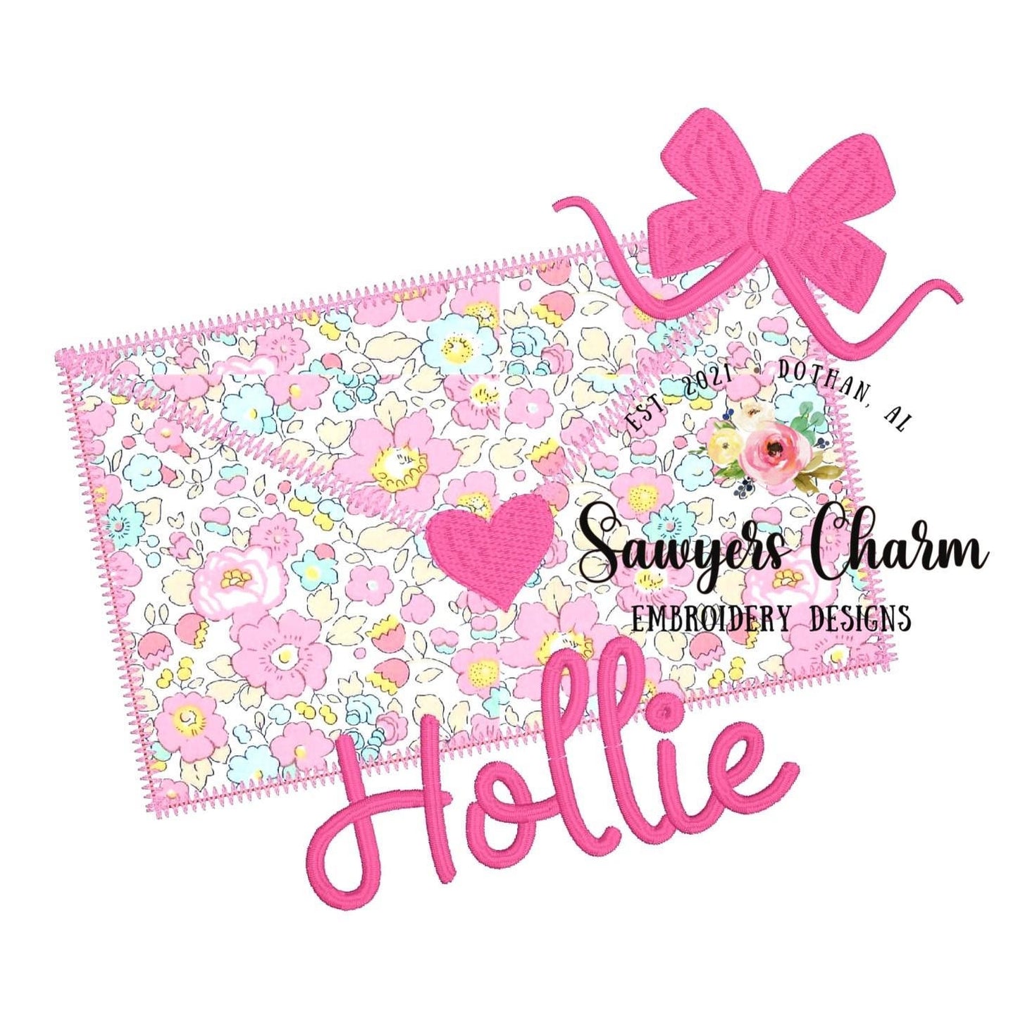 Valentine's Day heart envelope with bow machine applique embroidery design file, quick stitch, zig zag stitch
