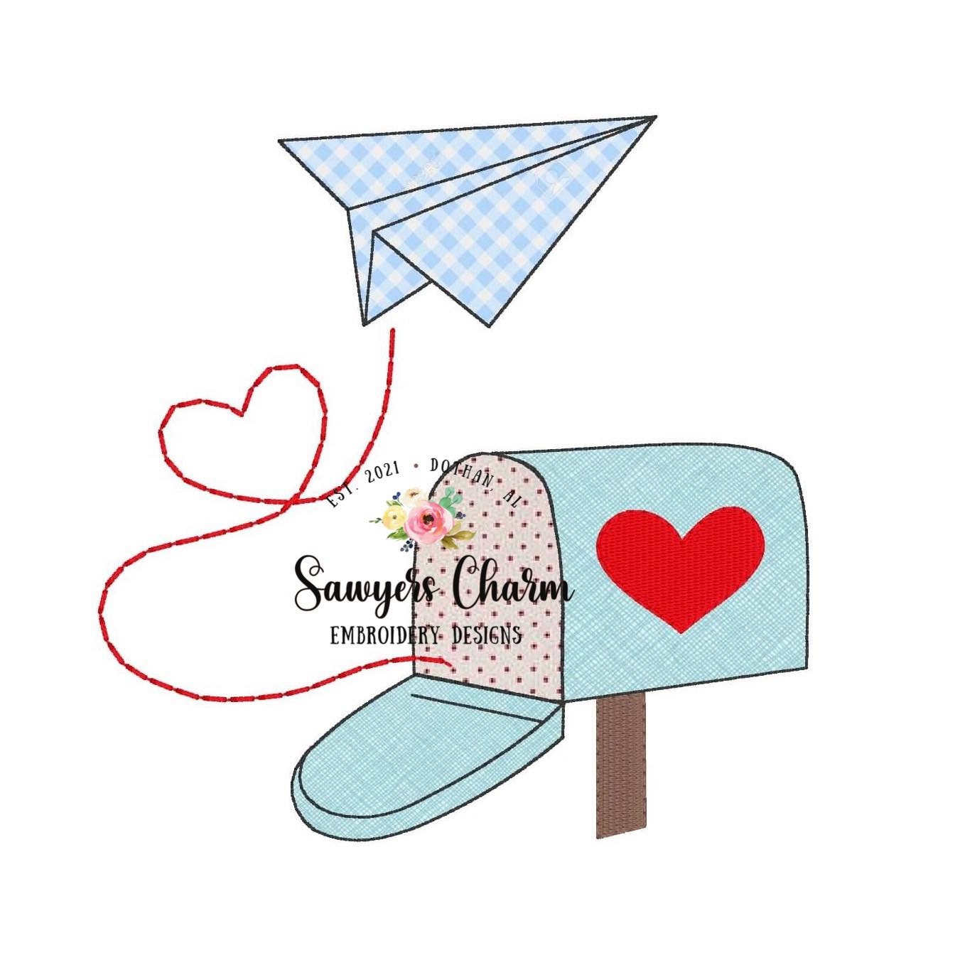 Valentine's Day paper airplane mailbox heart machine applique embroidery design file, quick stitch, bean stitch