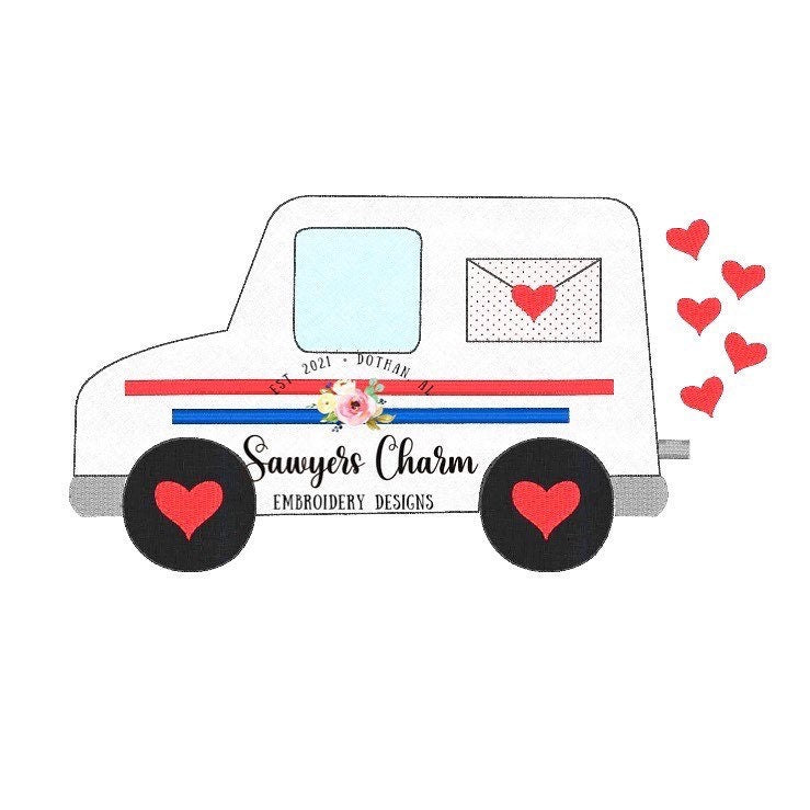 BUNDLE Valentine's Day mail truck with hearts sketch stitch AND bean stitch applique machine embroidery design, love, be mine, XOXO