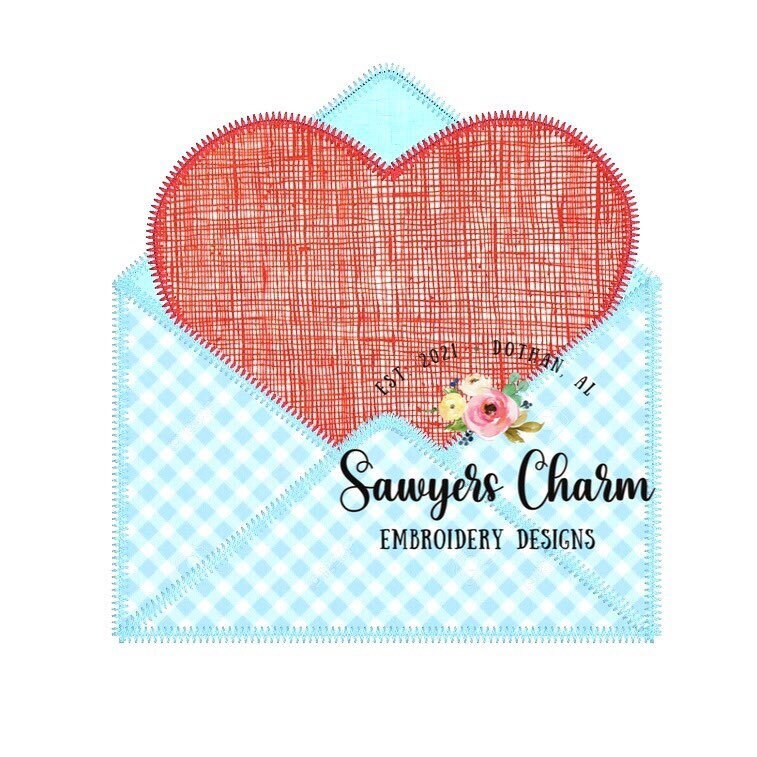 Valentine's Day heart envelope zig zag machine applique embroidery design file, quick stitch, love, valentine