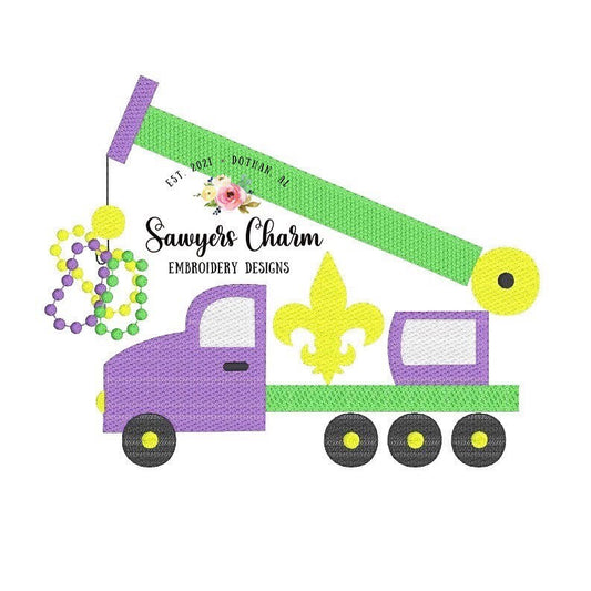 Mardi gras Construction crane sketch design machine embroidery file, fleur de lis, beads, quick stitch