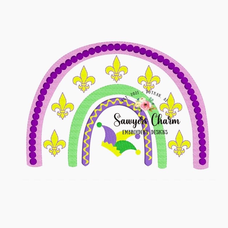 Mardi Gras rainbow fleur de lis machine embroidery design file, sketch stitch, jester hat, fill stitch