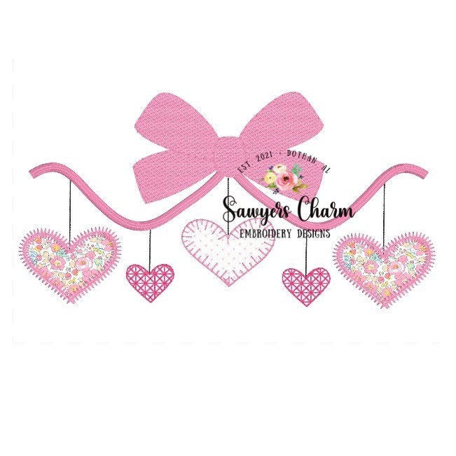 Valentine's Day bow with hearts machine applique embroidery design file, quick stitch, bean stitch, vintage stitch, sketch