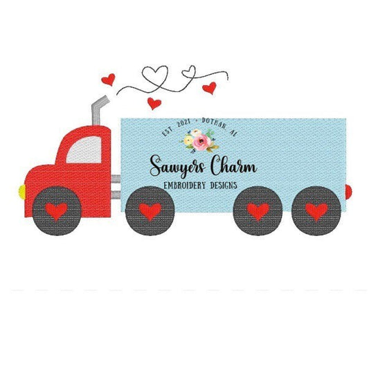 BUNDLE Valentine's Day Big truck, semi truck with hearts machine applique design, embroidery file zig zag, blanket stitch, sketch stitch
