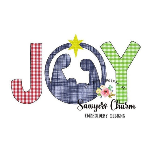 Christmas JOY nativity, machine applique design embroidery file, blanket stitch & bean stitch, manger scene, joy to the world, Jesus