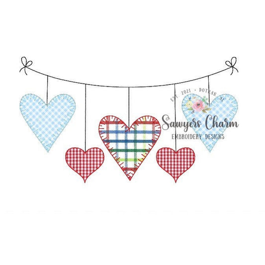Valentine's Day hearts bunting banner machine applique embroidery design file, quick stitch, bean stitch, blanket stitch