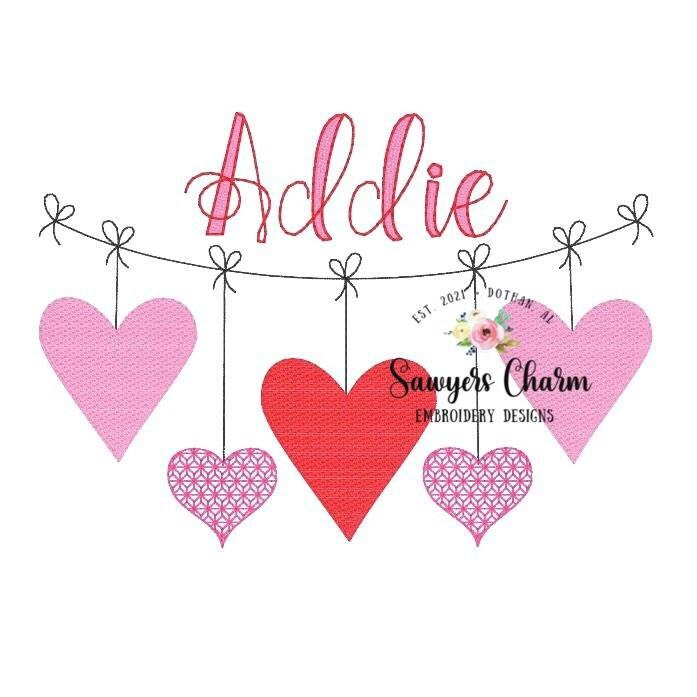 Valentine's Day hearts bunting banner sketch stitch machine embroidery design file, quick stitch, bean stitch, motif fill, love, xoxo
