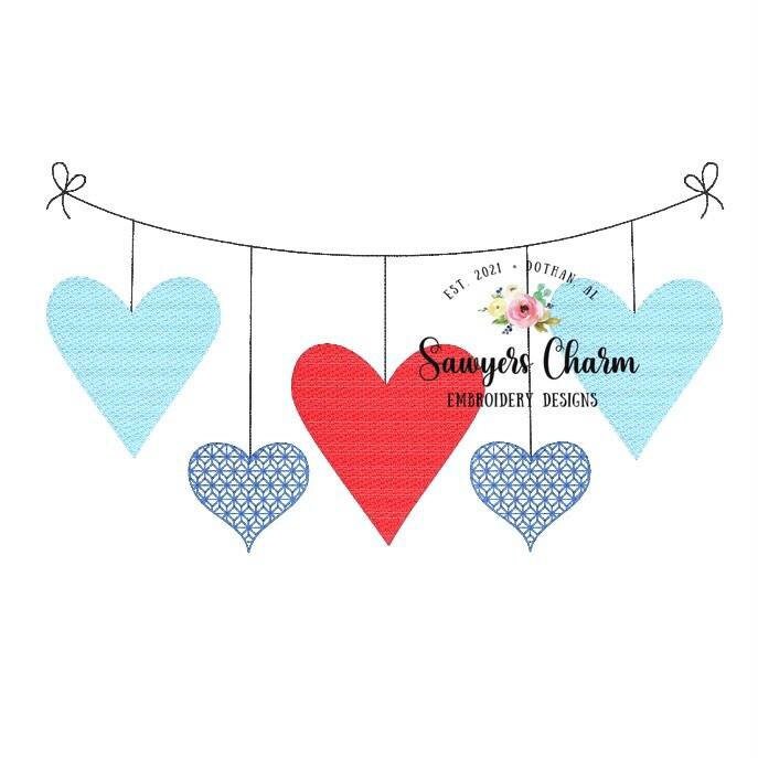 Valentine's Day hearts bunting banner sketch stitch machine embroidery design file, quick stitch, bean stitch, motif fill, love, xoxo