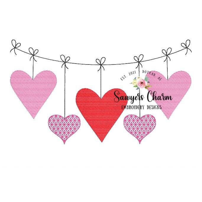 Valentine's Day hearts bunting banner sketch stitch machine embroidery design file, quick stitch, bean stitch, motif fill, love, xoxo