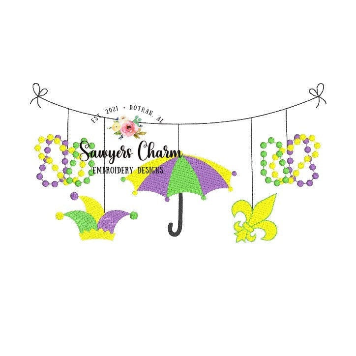 BUNDLE Mardi Gras bunting banner sketch design machine embroidery file, fleur de lis, beads, mask, umbrella, jester hat, quick stitch