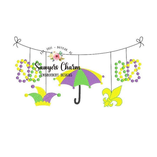 Mardi Gras bunting banner sketch stitch machine embroidery design, fleur de lis, beads, jester hat, umbrella