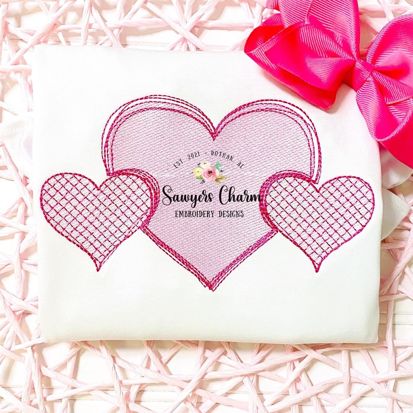 Valentine's Day hearts trio sketch machine applique embroidery design file, quick stitch, bean stitch, vintage stitch, scribble squiggly