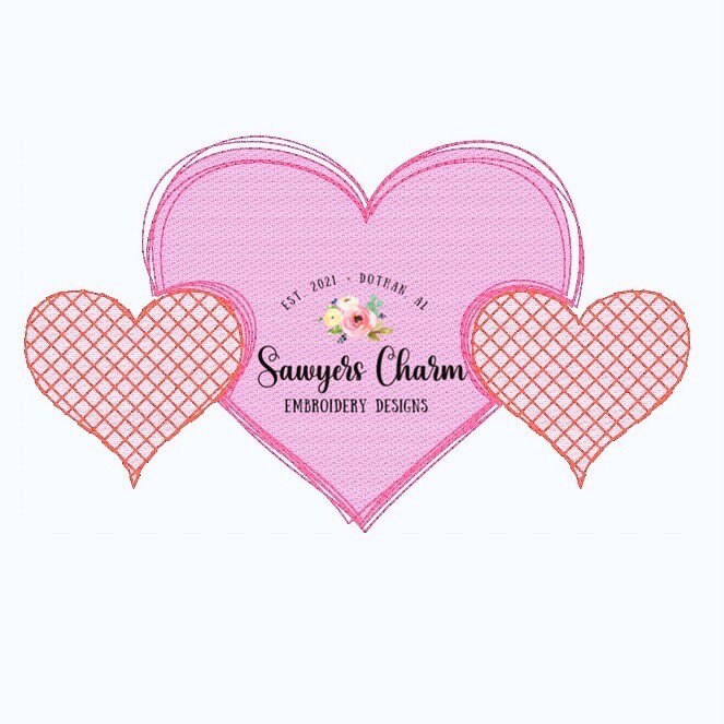 Valentine's Day hearts trio sketch machine applique embroidery design file, quick stitch, bean stitch, vintage stitch, scribble squiggly