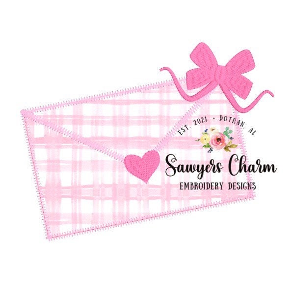 Valentine's Day heart envelope with bow machine applique embroidery design file, quick stitch, zig zag stitch