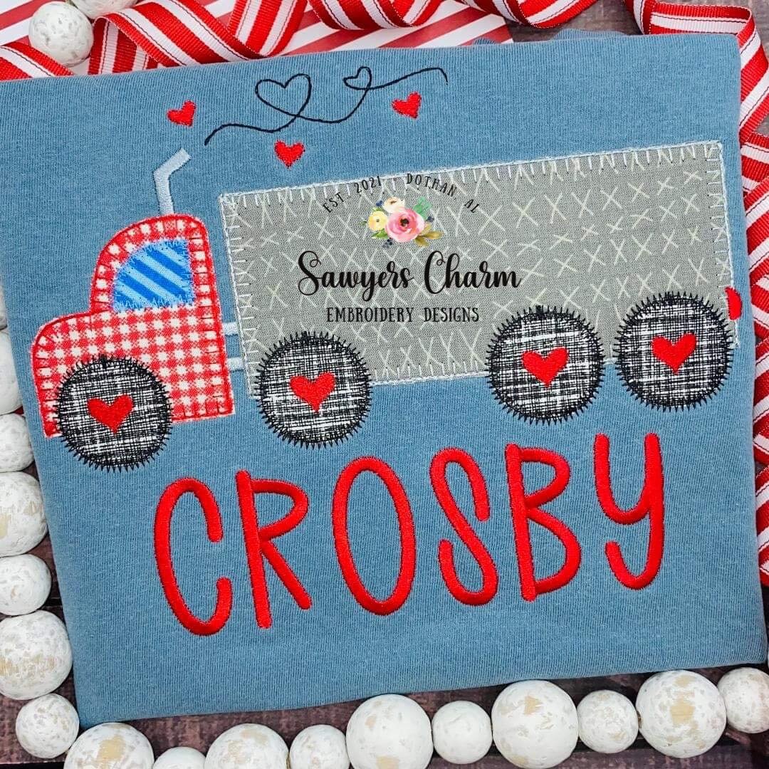 BUNDLE Valentine's Day Big truck, semi truck with hearts machine applique design, embroidery file zig zag, blanket stitch, sketch stitch