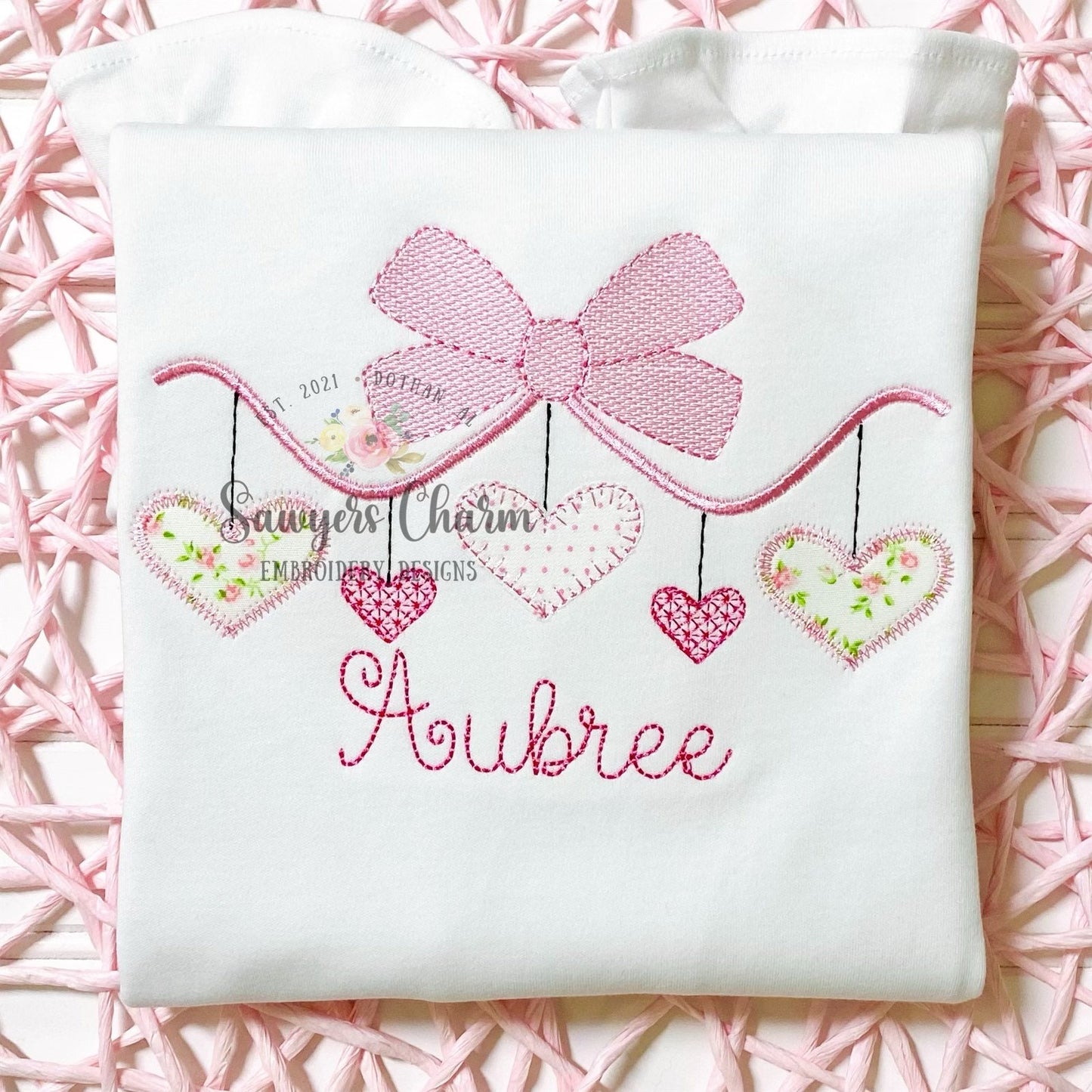Valentine's Day bow with hearts machine applique embroidery design file, quick stitch, bean stitch, vintage stitch, sketch