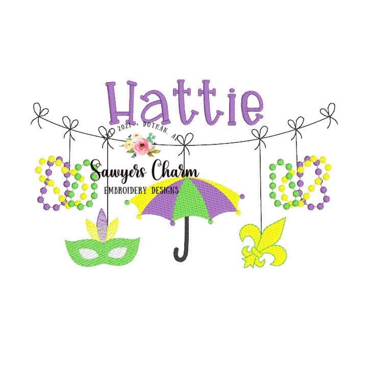 BUNDLE Mardi Gras bunting banner sketch design machine embroidery file, fleur de lis, beads, mask, umbrella, jester hat, quick stitch