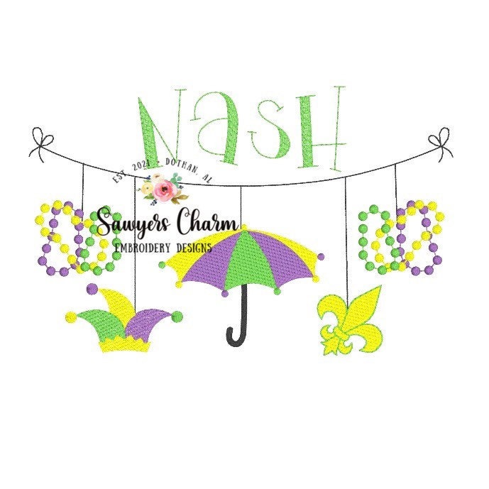 BUNDLE Mardi Gras bunting banner sketch design machine embroidery file, fleur de lis, beads, mask, umbrella, jester hat, quick stitch