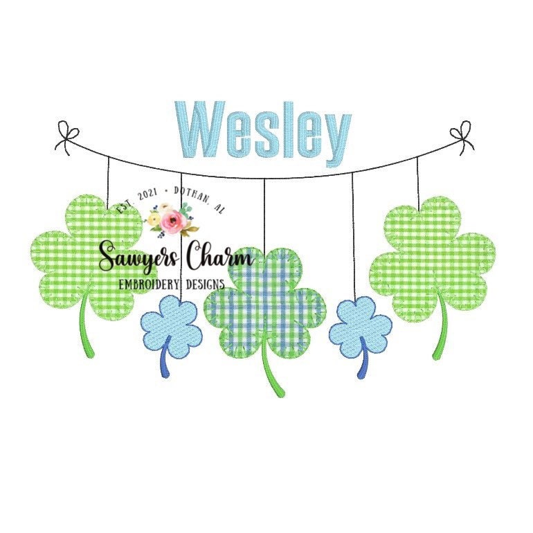 St. Patrick's Day shamrocks clover bunting banner machine applique embroidery design file, quick stitch, bean stitch, blanket stitch, sketch