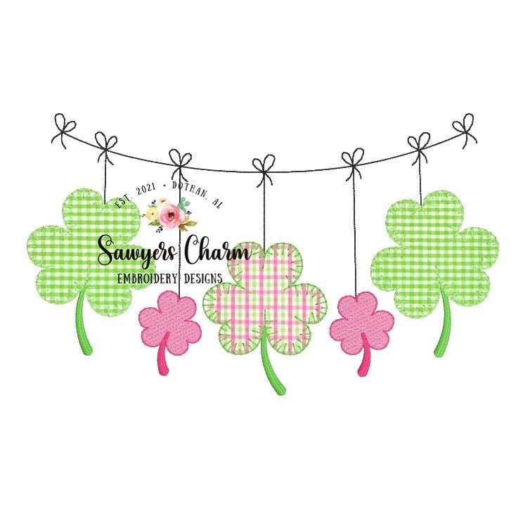 St. Patrick's Day shamrocks clover bunting banner machine applique embroidery design file, quick stitch, bean stitch, blanket stitch, sketch